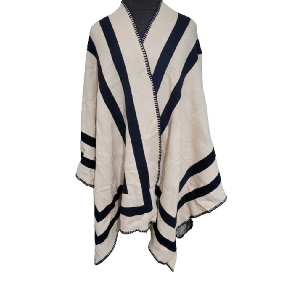 NWOT Soft Surroundings OS Knit Classic Wrap Ivory & Navy 114183